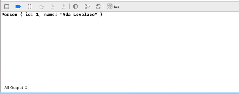 Xcode log output: Person { id: 1, name: 'Ada Lovelace' } 