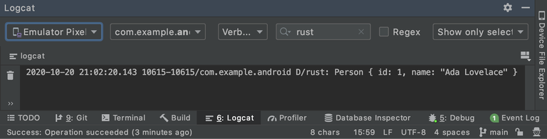 Android Studio log output: Person { id: 1, name: 'Ada Lovelace' } 