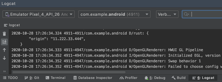 Android Studio logs showing ip address of device